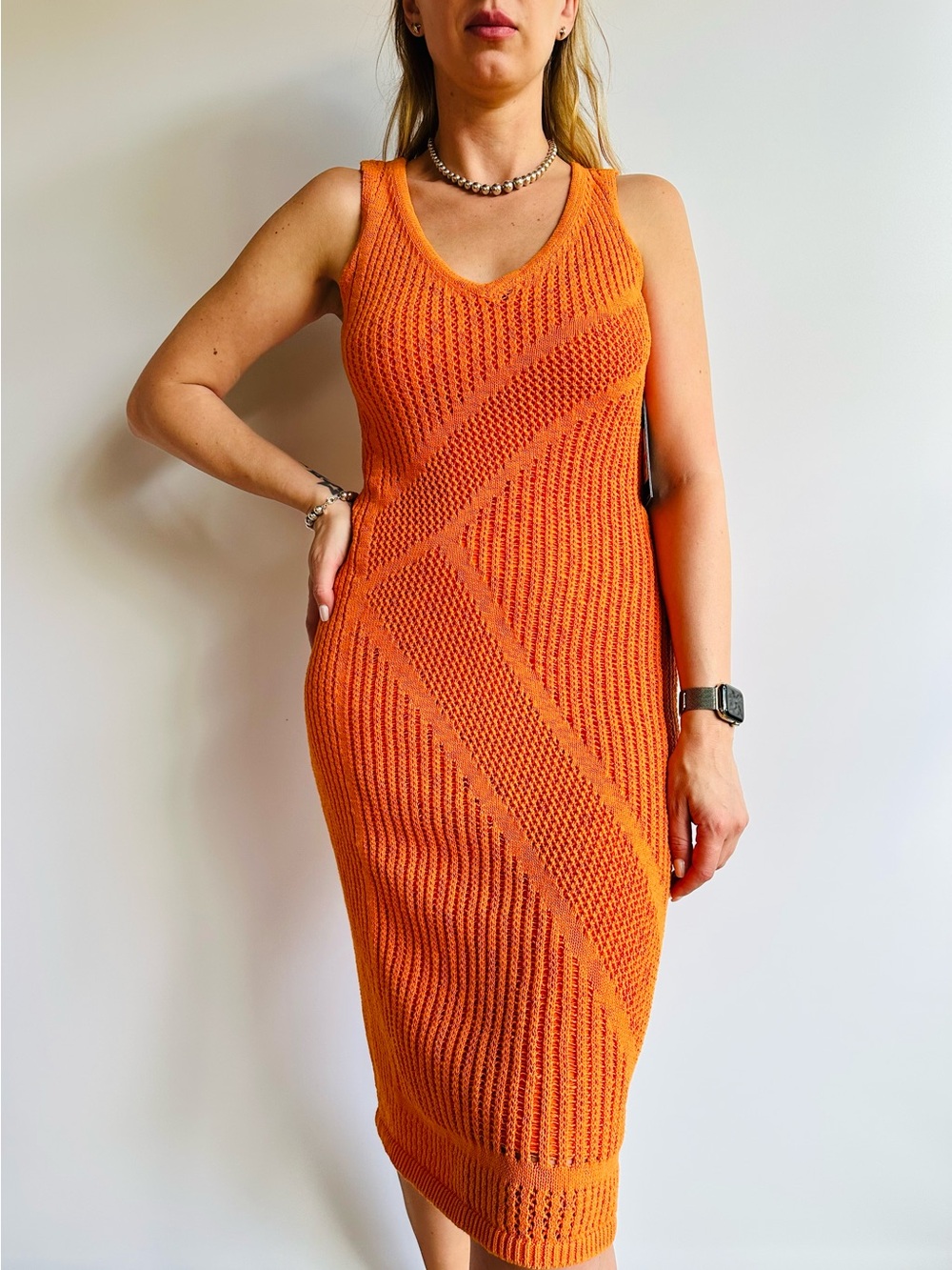 New Karl Lagerfeld Paris Knit Midi Sweater Dress Textured Bodycon Orange